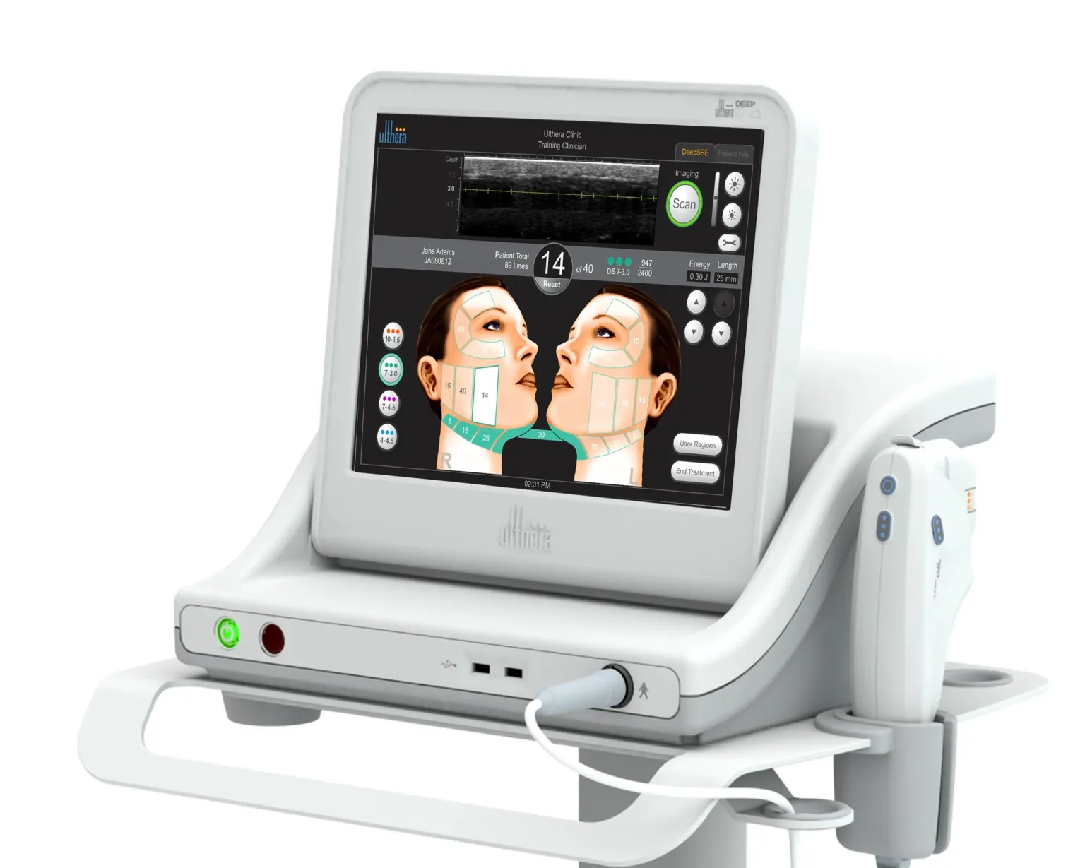 The device generates focused ultrasonic waves that can penetrate to different depths of the skin
